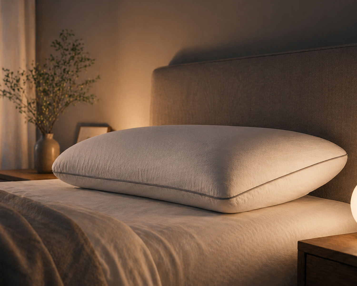 Camera da letto minimal con materasso e cuscino ergonomico illuminati da luce soffusa per rappresentare il concetto di sonno strategico e recupero notturno